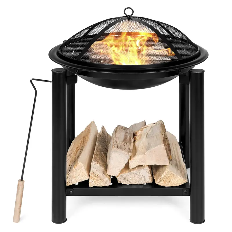 21.5-Inch Fire Pit Table With Built-In Storage Shelf, Mesh Cover, Log Grate, And Poker Tool 1