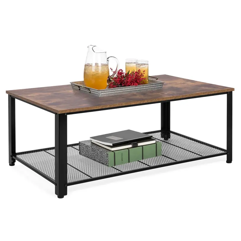 42-Inch Two-Tier Industrial Coffee Table With Wooden Top And Metal Frame 1