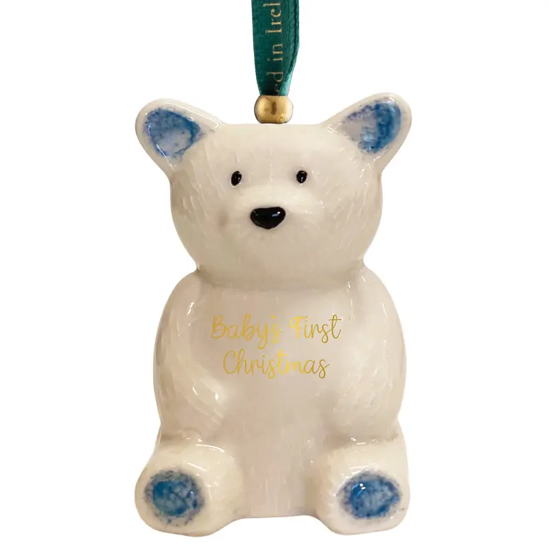 Belleek Classic Blue Teddy Bear First Christmas Ornament 1