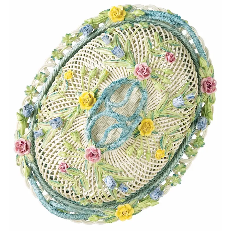 Belleek Oval Covered Basket – Large Size, Heritage Porcelain Design 1
