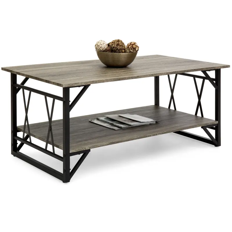 Contemporary Wooden Coffee Table Featuring Sleek Metallic Legs And Soft Gray Finish 1