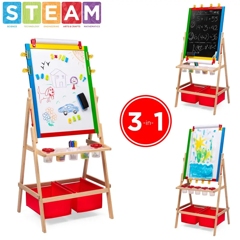 Double-Sided Kids’ Easel Featuring Chalkboard, Whiteboard, Paper Roll, And Art Supplies 1