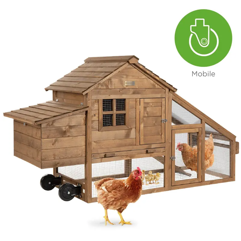 Mobile Wooden Chicken Coop With Nesting Box, Dual Doors & Uv-Resistant Panel 1