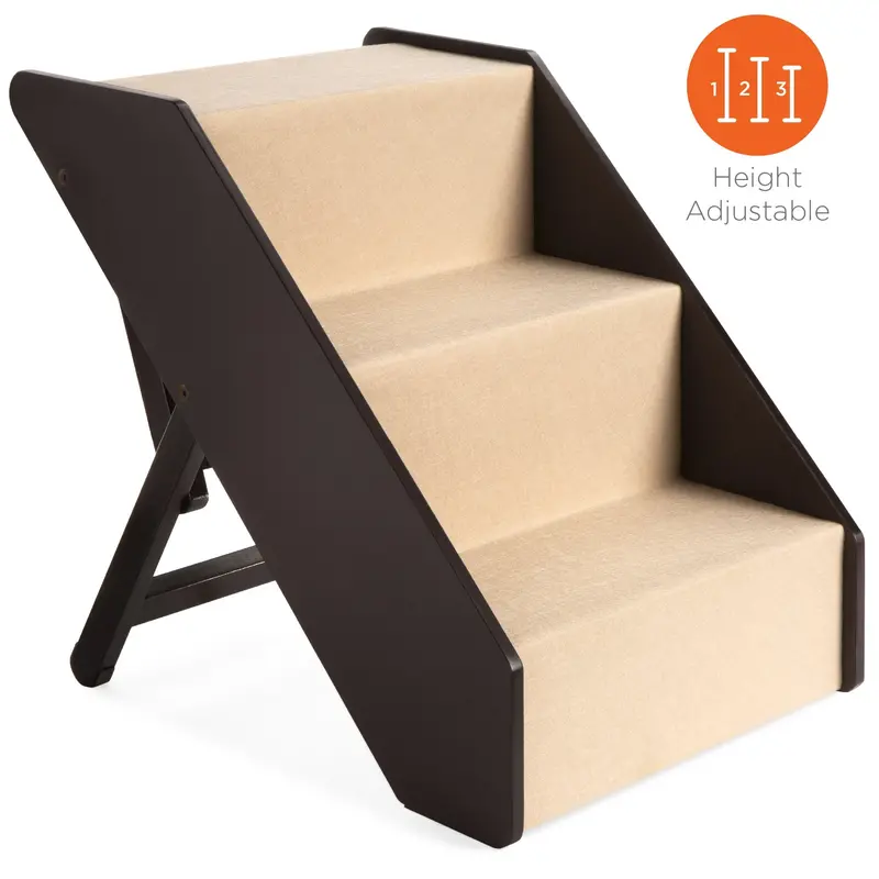 Non-Slip Adjustable Pet Stairs With Carpeted Wooden Steps & Foldable Design 1