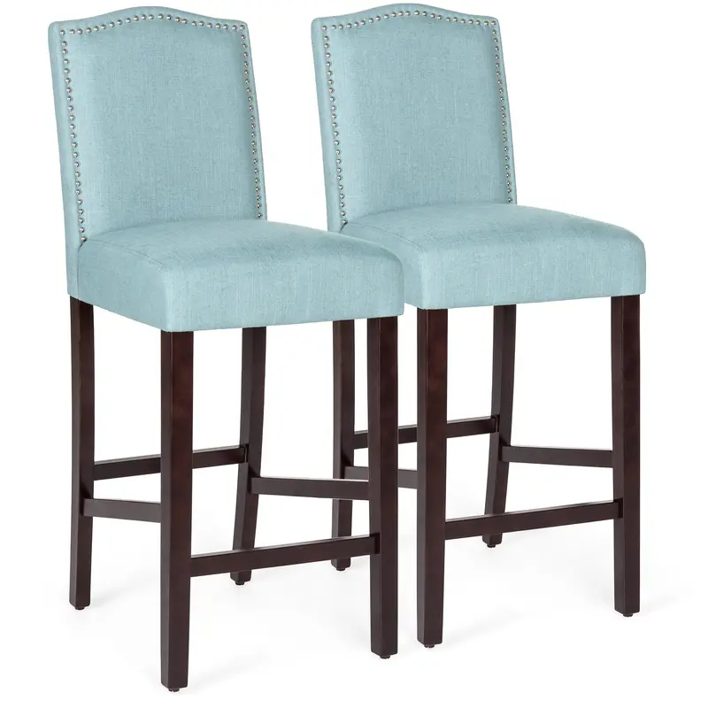 Pair Of Upholstered Counter-Height Bar Stools – 30-Inch, Studded Back Design 1