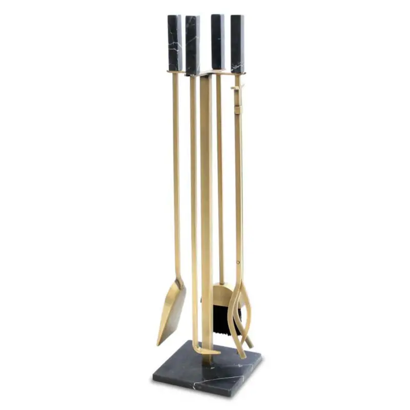 Pilgrim 33" Nero Marble Fireplace Tool Set With Burnished Brass Finish 1