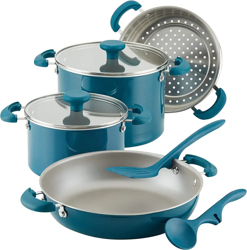 Rachael Ray 8-Piece Aluminum Cookware Set With Teal Shimmer Finish 1