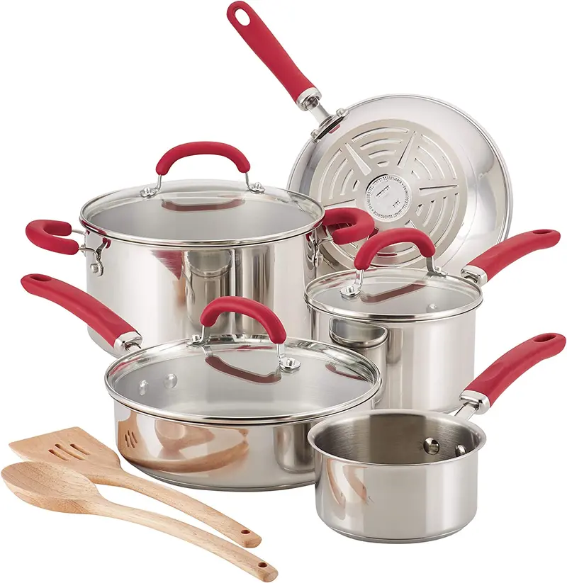 Rachael Ray Create Delicious 10-Piece Stainless Steel Cookware Set With Red Accents 1