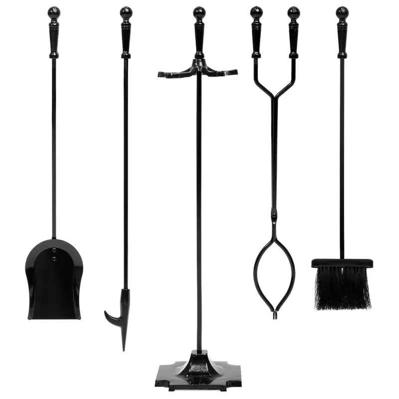 Rustic Iron 5-Piece Fireplace Tool Set With Stand, Tongs, Poker, Broom, And Shovel 1