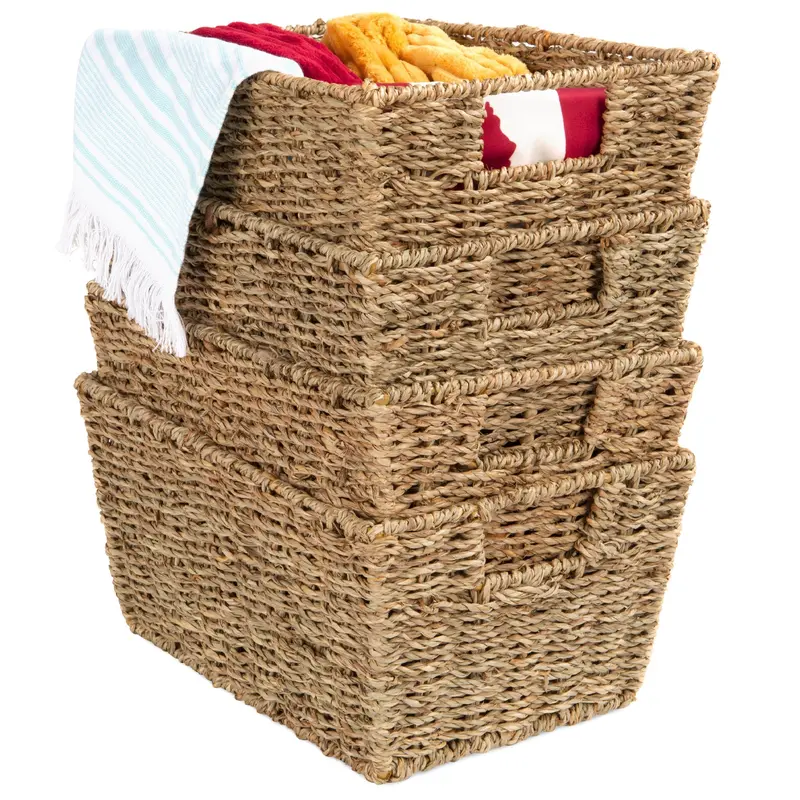 Set Of 4 Seagrass Storage Baskets – Foldable Laundry & Linen Organizers With Handles 1