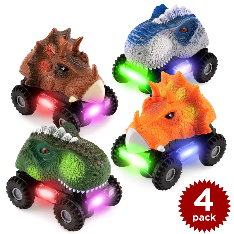 Set Of Four Dinosaur-Themed Bump-And-Go Toy Cars – T-Rex & Triceratops With Leds 1