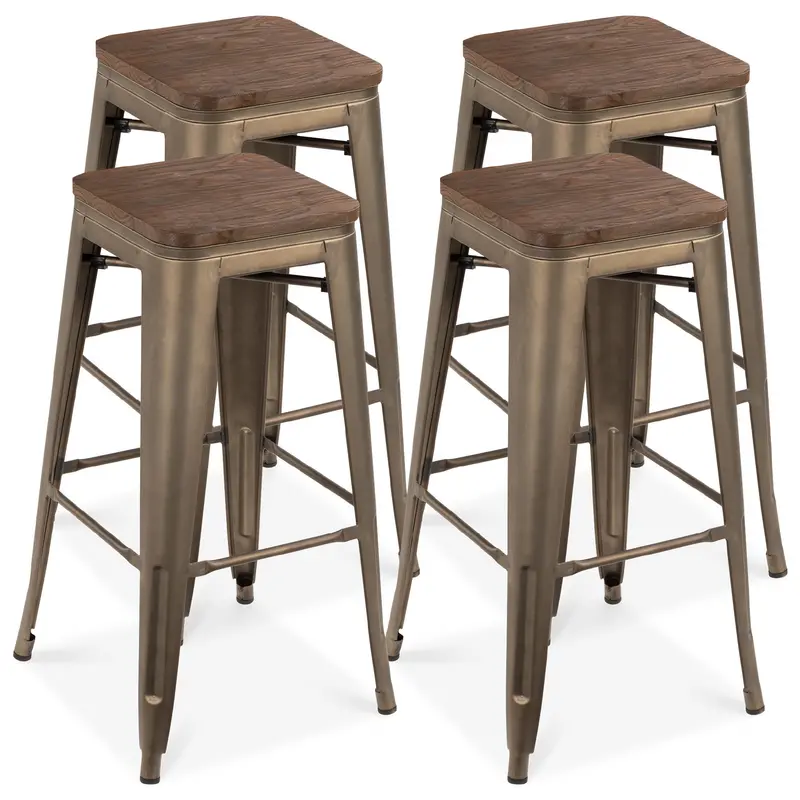 Set Of Four Industrial Bar Stools: Steel Frames With Solid Wood Seats (30" Height) 1