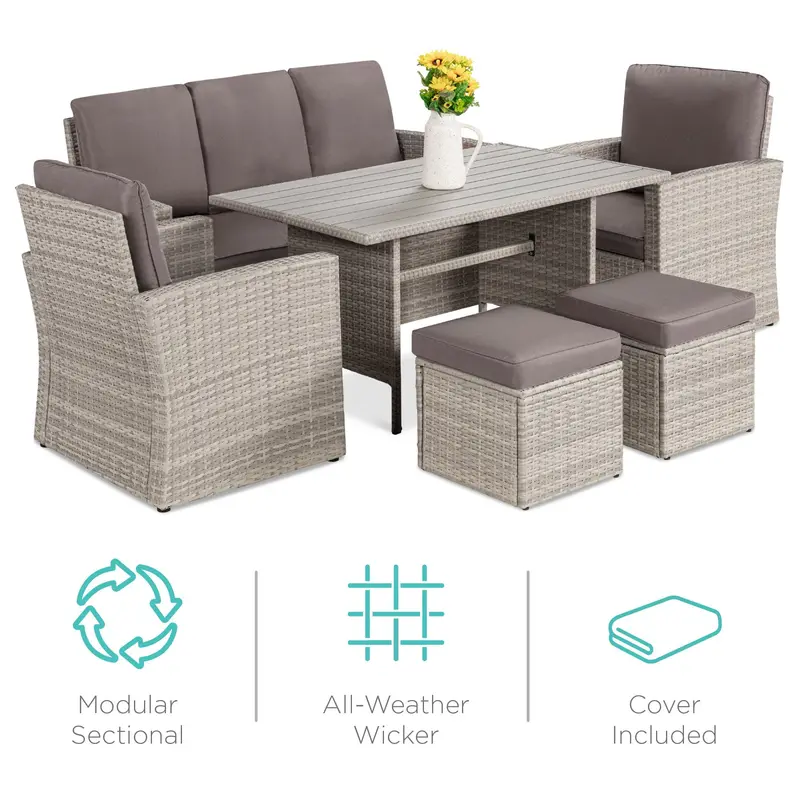 Seven-Seat Wicker Patio Dining Set With Conversation-Oriented Table 1