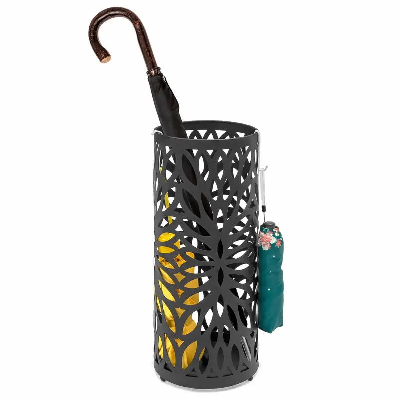 Spherical Black Metal Umbrella Stand With Dual Hooks And Drain Tray 1