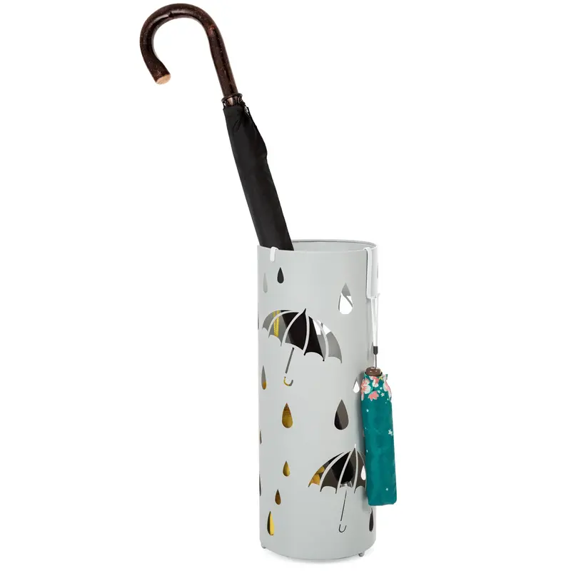 Spherical Silver Metal Umbrella Stand With Dual Hooks And Drain Tray 1