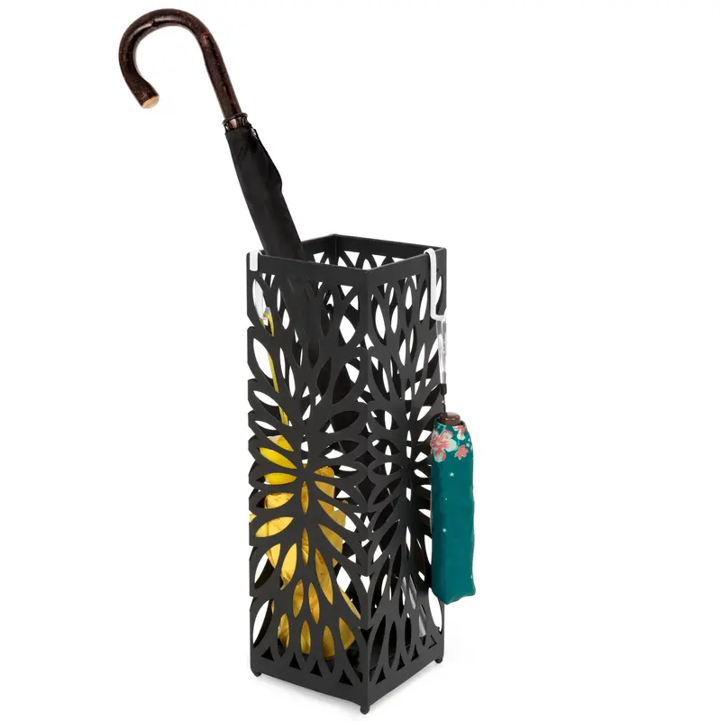 Square Black Metal Umbrella Holder With Two Hooks And Built-In Drain Tray 1