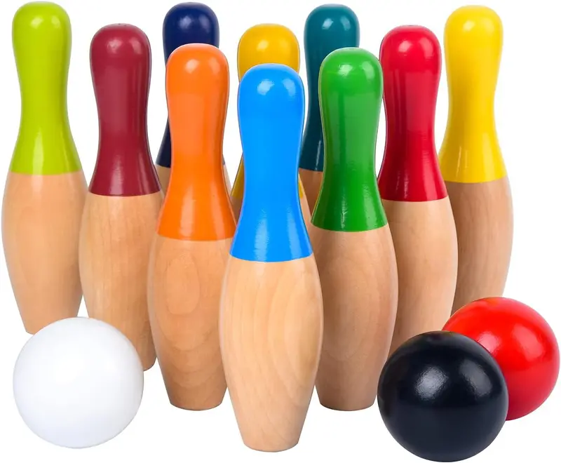 Wooden Bowling Set For Backyard & Indoor Play – Includes Pins, Balls & Mesh Carry Bag For Family Fun 1